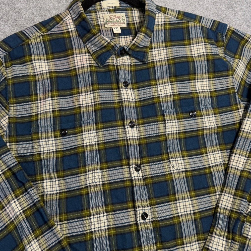 J.Crew Mid-Weight Flannel Shirt Mens XXL Blue Green‎ Plaid Regenerative Cotton
